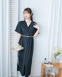 Twist Dress V領扭結抓皺後開衩連身裙/ DS1190