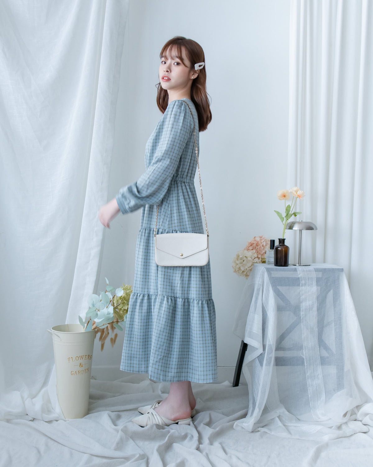 Tiffany Checked dress 湖水藍綠淡色細條格紋修腰連身裙/ DS1196