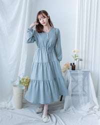 Tiffany Checked dress 湖水藍綠淡色細條格紋修腰連身裙/ DS1196