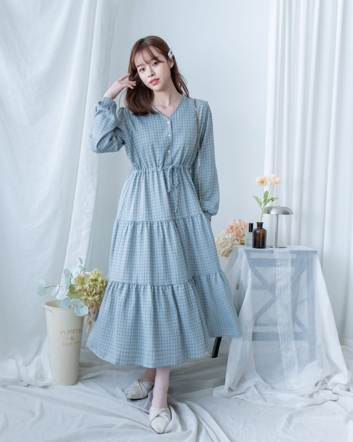 Tiffany Checked dress 湖水藍綠淡色細條格紋修腰連身裙/ DS1196