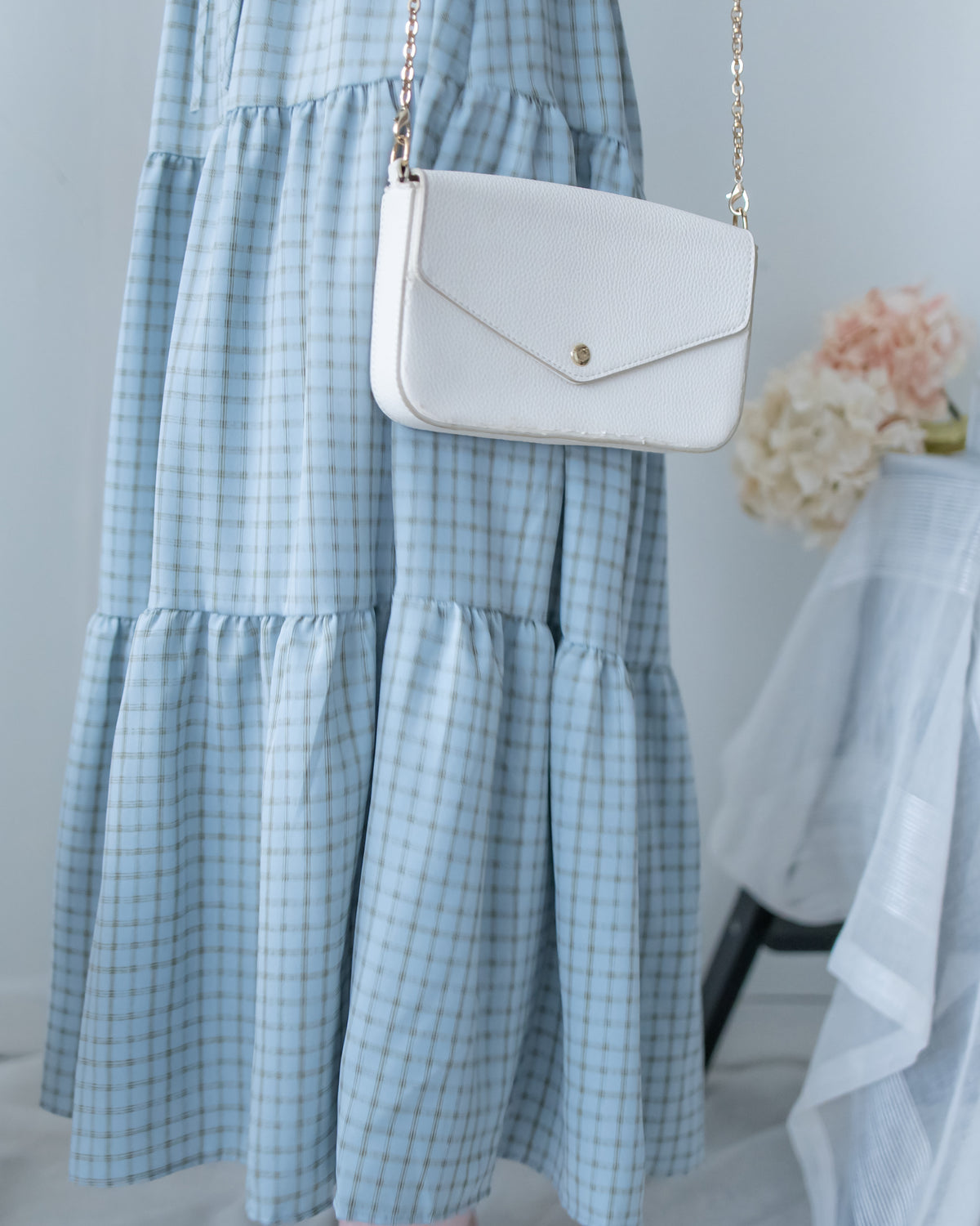 Tiffany Checked dress 湖水藍綠淡色細條格紋修腰連身裙/ DS1196