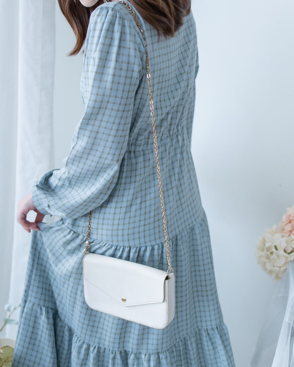 Tiffany Checked dress 湖水藍綠淡色細條格紋修腰連身裙/ DS1196