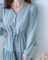 Tiffany Checked dress 湖水藍綠淡色細條格紋修腰連身裙/ DS1196