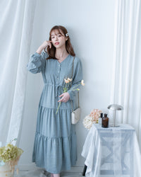 Tiffany Checked dress 湖水藍綠淡色細條格紋修腰連身裙/ DS1196