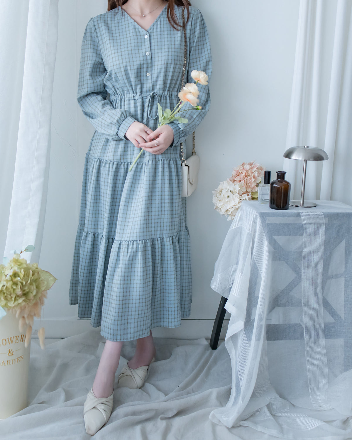 Tiffany Checked dress 湖水藍綠淡色細條格紋修腰連身裙/ DS1196