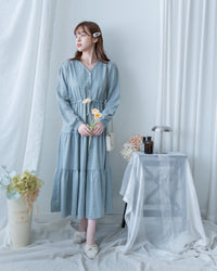 Tiffany Checked dress 湖水藍綠淡色細條格紋修腰連身裙/ DS1196