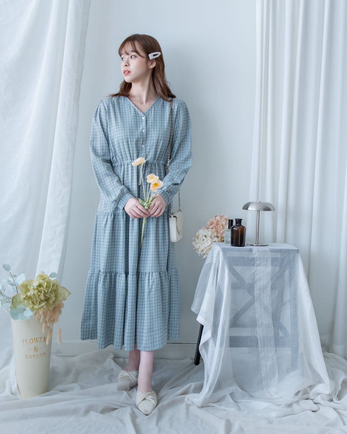 Tiffany Checked dress 湖水藍綠淡色細條格紋修腰連身裙/ DS1196