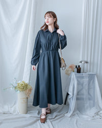 Shirt Dress 知性翻領橡筋腰線微絨連衣裙/ DS1195