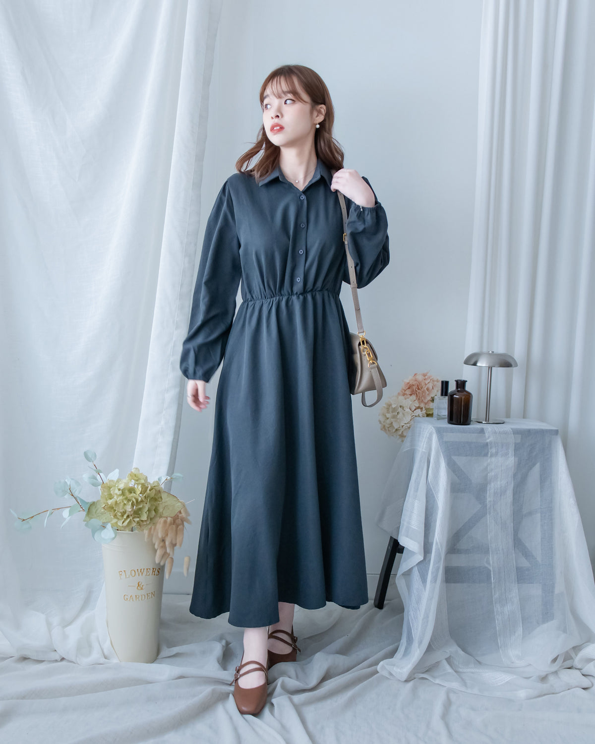 Shirt Dress 知性翻領橡筋腰線微絨連衣裙/ DS1195