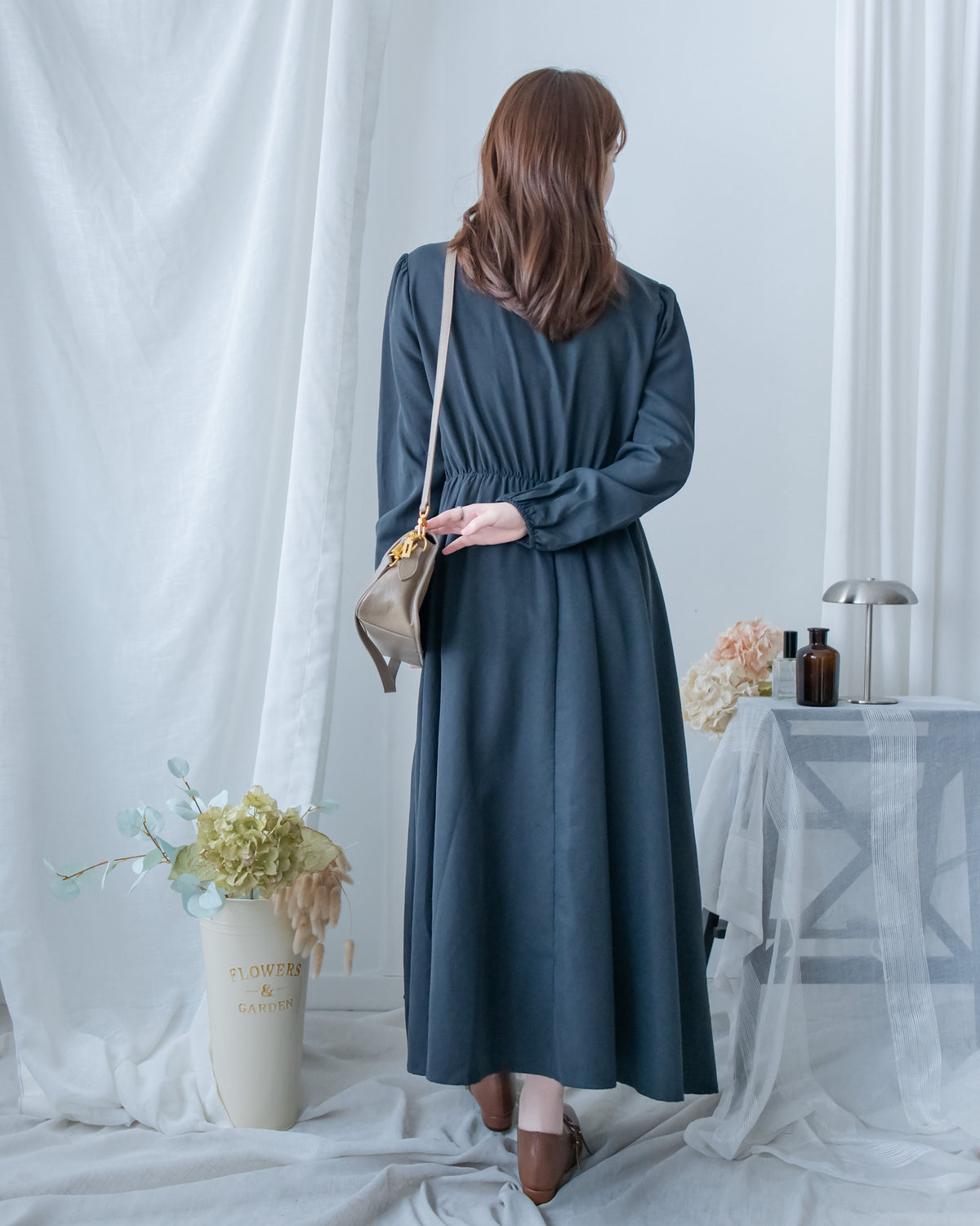 Shirt Dress 知性翻領橡筋腰線微絨連衣裙/ DS1195