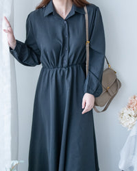 Shirt Dress 知性翻領橡筋腰線微絨連衣裙/ DS1195