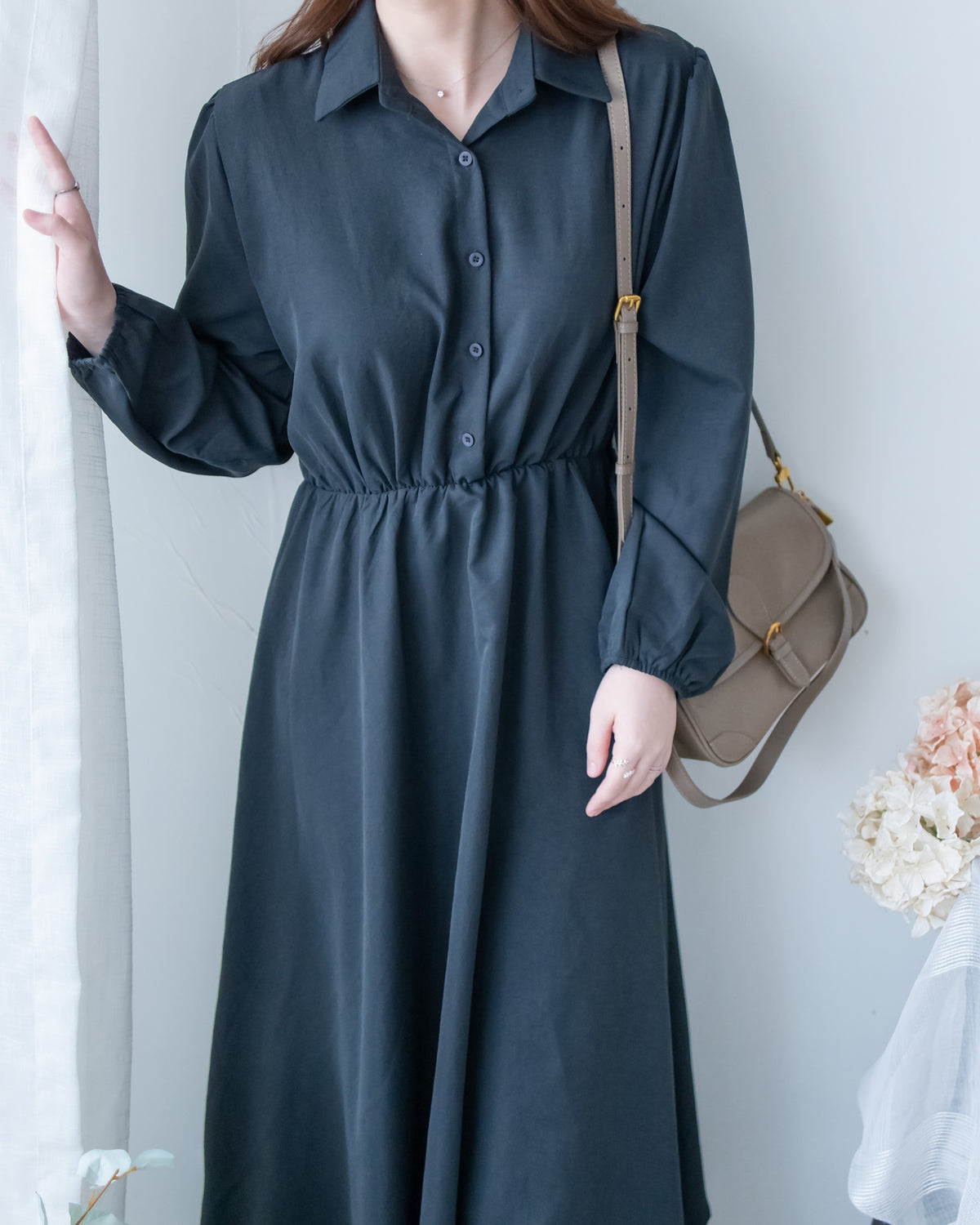 Shirt Dress 知性翻領橡筋腰線微絨連衣裙/ DS1195