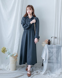 Shirt Dress 知性翻領橡筋腰線微絨連衣裙/ DS1195