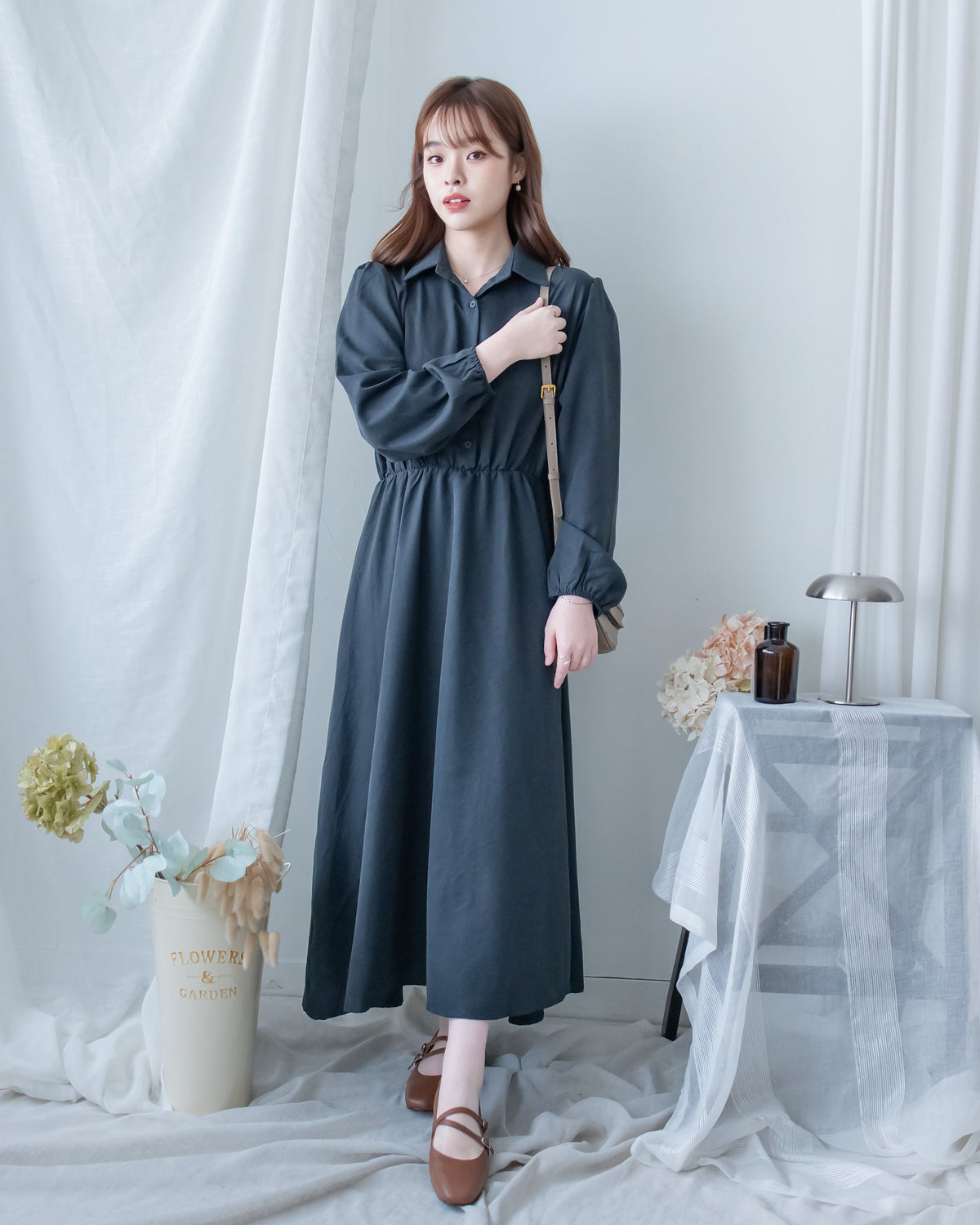 Shirt Dress 知性翻領橡筋腰線微絨連衣裙/ DS1195