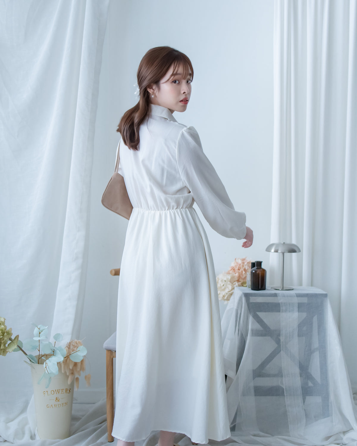 Shirt Dress 知性翻領橡筋腰線微絨連衣裙/ DS1195