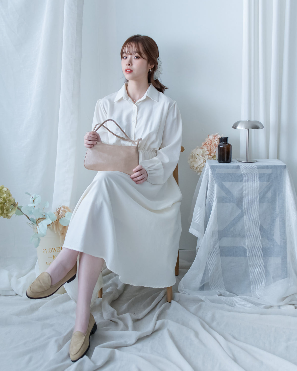Shirt Dress 知性翻領橡筋腰線微絨連衣裙/ DS1195