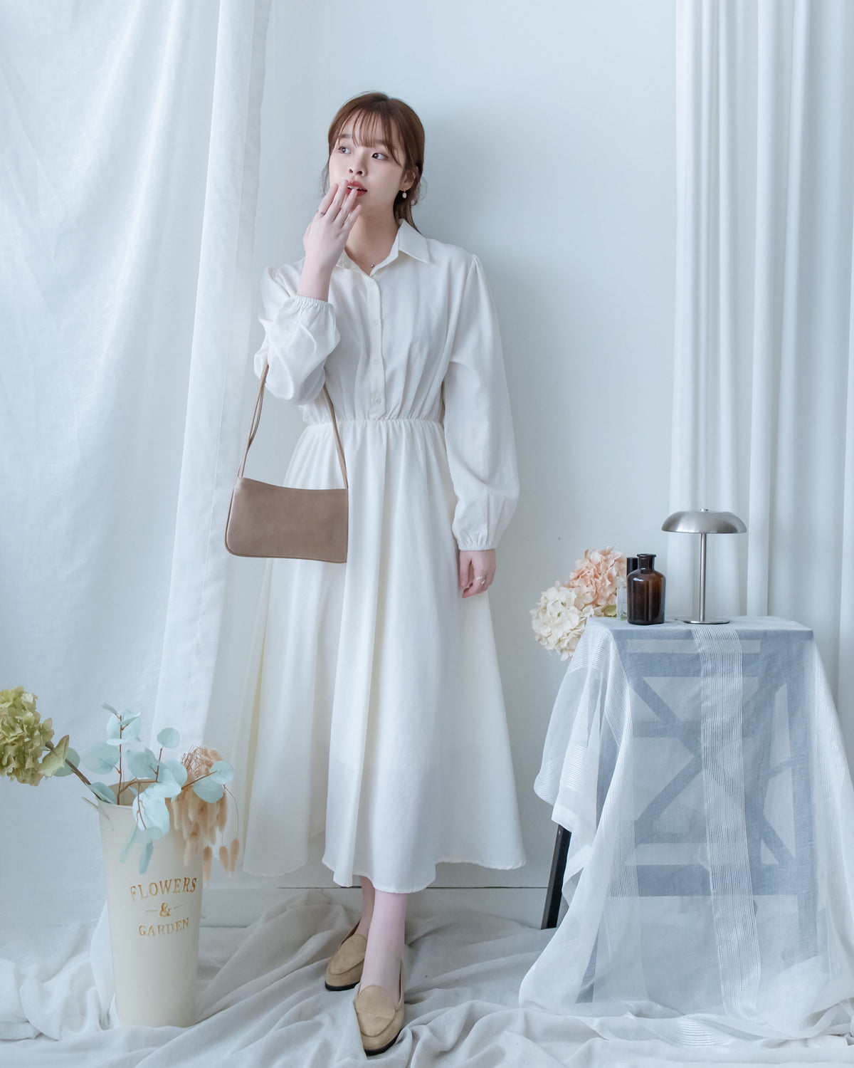 Shirt Dress 知性翻領橡筋腰線微絨連衣裙/ DS1195