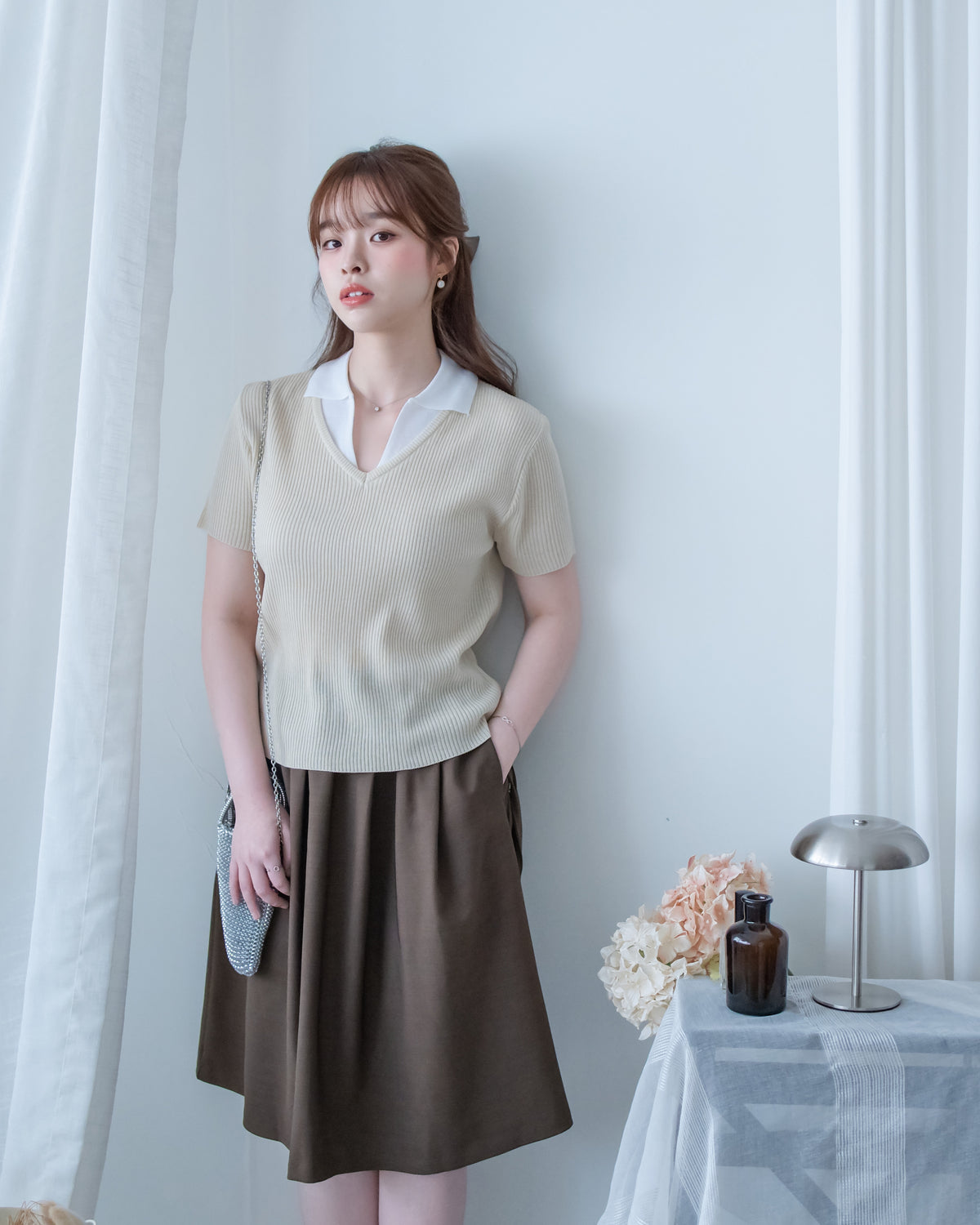 Pleated Skirt 腰間微褶束帶橡筋腰口袋裙/ SK8955