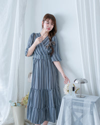 Geometric Dress 幾何剪紋印花疊V領後腰彈性連身裙/ DS1193