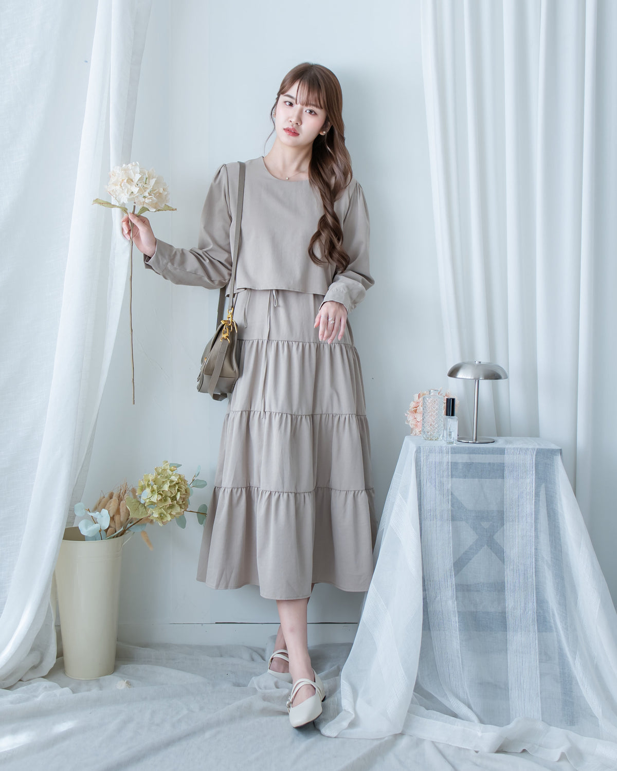 Shirt Cuff Dress 仿恤衫配傘裙假兩件綁帶連身裙/SE8123