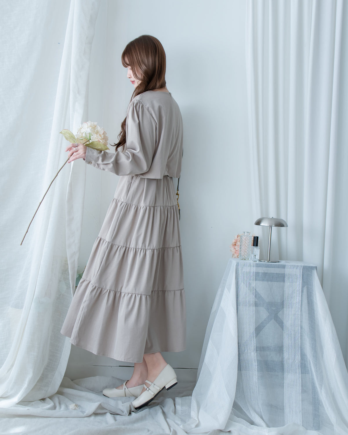 Shirt Cuff Dress 仿恤衫配傘裙假兩件綁帶連身裙/SE8123