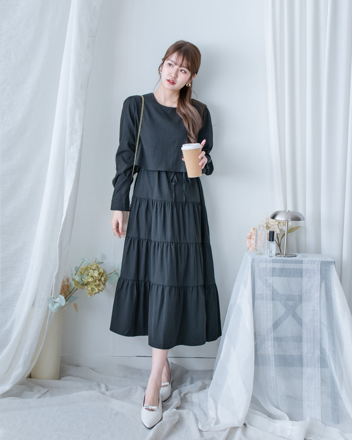 Shirt Cuff Dress 仿恤衫配傘裙假兩件綁帶連身裙/SE8123