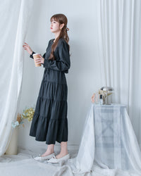 Shirt Cuff Dress 仿恤衫配傘裙假兩件綁帶連身裙/SE8123