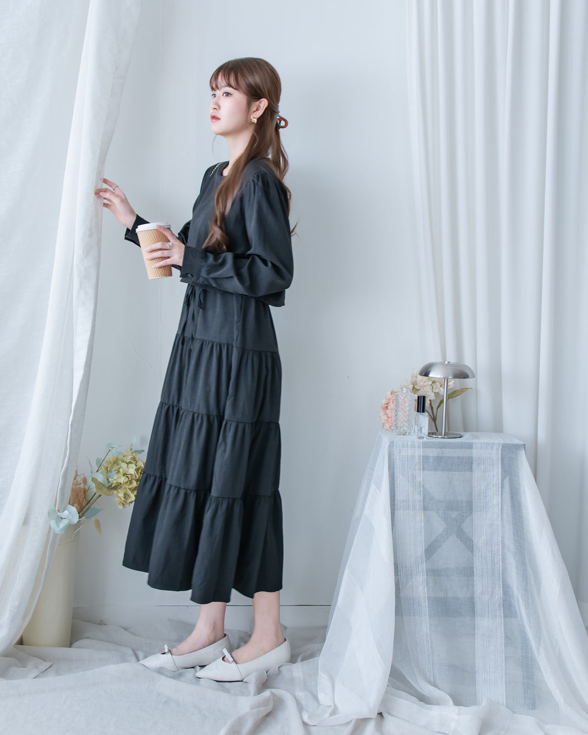 Shirt Cuff Dress 仿恤衫配傘裙假兩件綁帶連身裙/SE8123