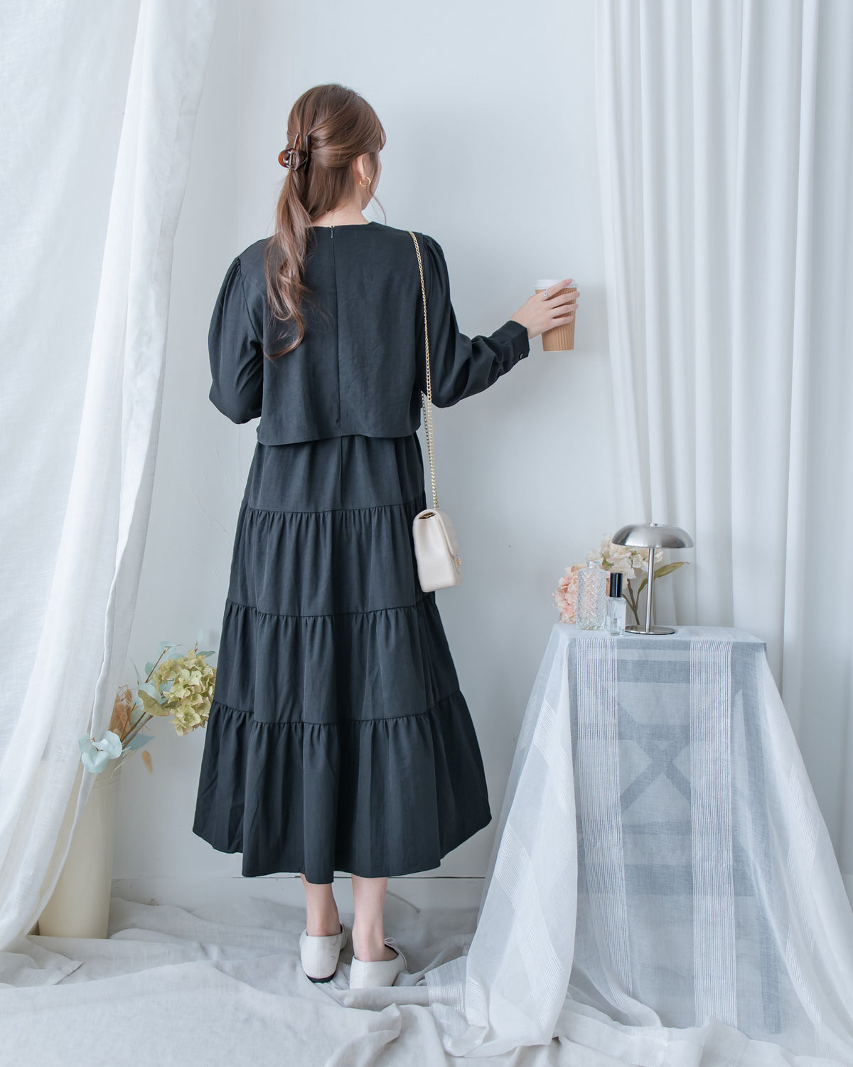 Shirt Cuff Dress 仿恤衫配傘裙假兩件綁帶連身裙/SE8123