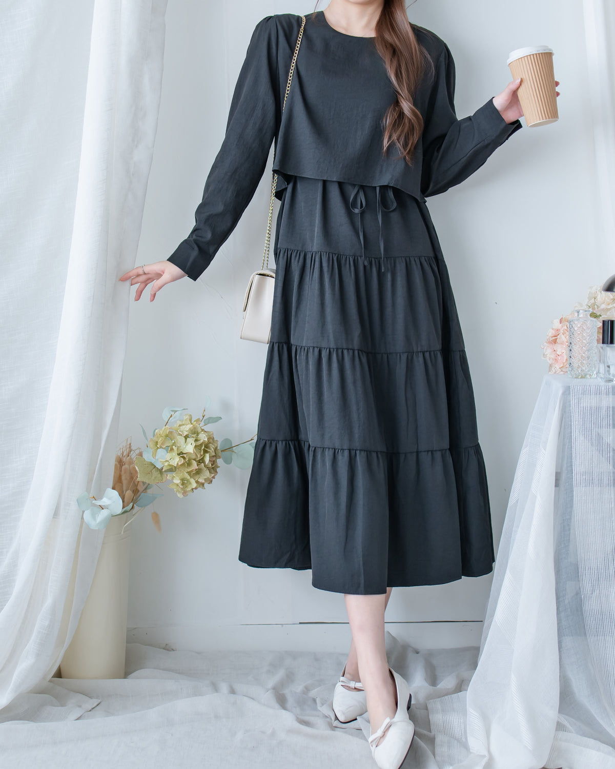 Shirt Cuff Dress 仿恤衫配傘裙假兩件綁帶連身裙/SE8123