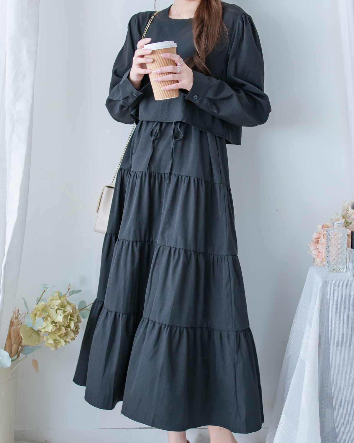 Shirt Cuff Dress 仿恤衫配傘裙假兩件綁帶連身裙/SE8123