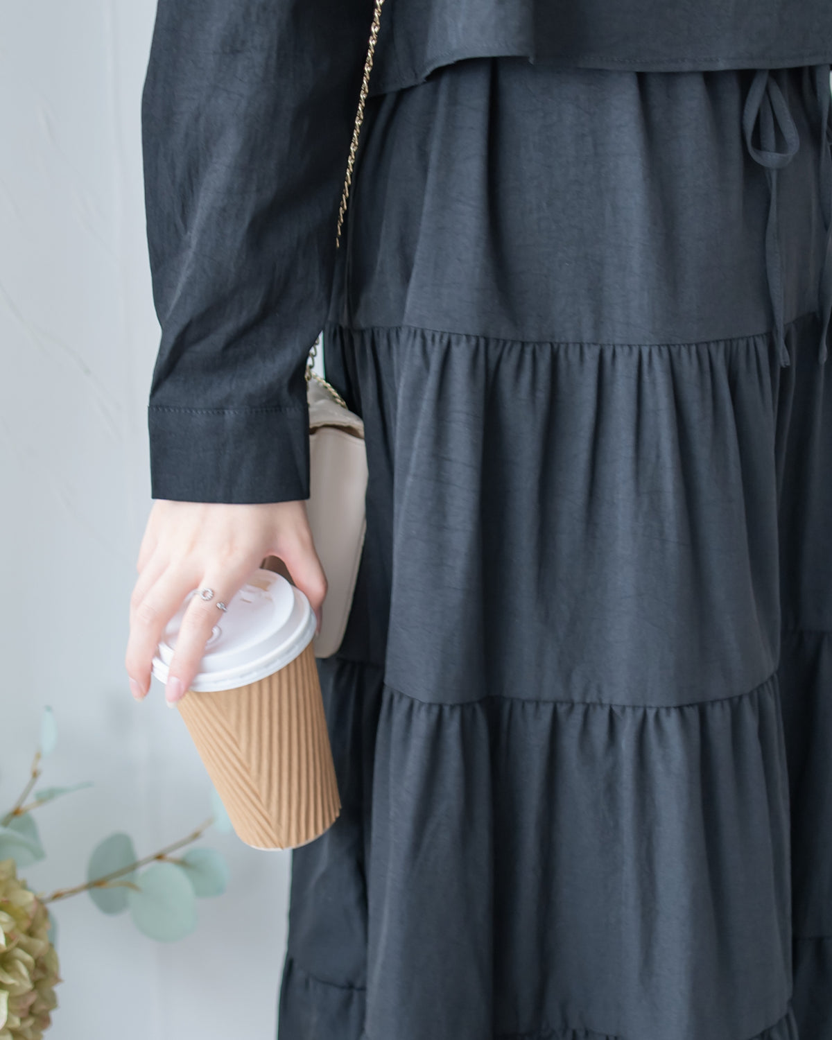 Shirt Cuff Dress 仿恤衫配傘裙假兩件綁帶連身裙/SE8123