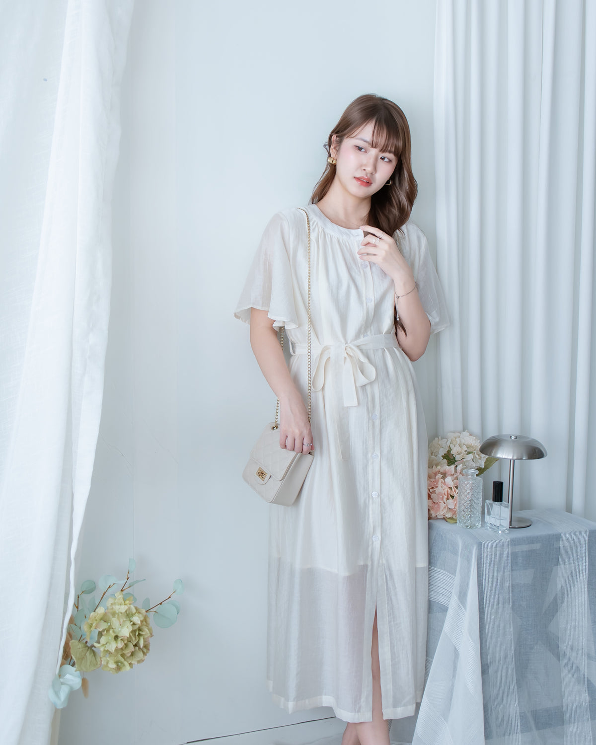 Round Neck Dress 質感中排鈕氣質傘袖長裙 / DS1185 (Pre-order)
