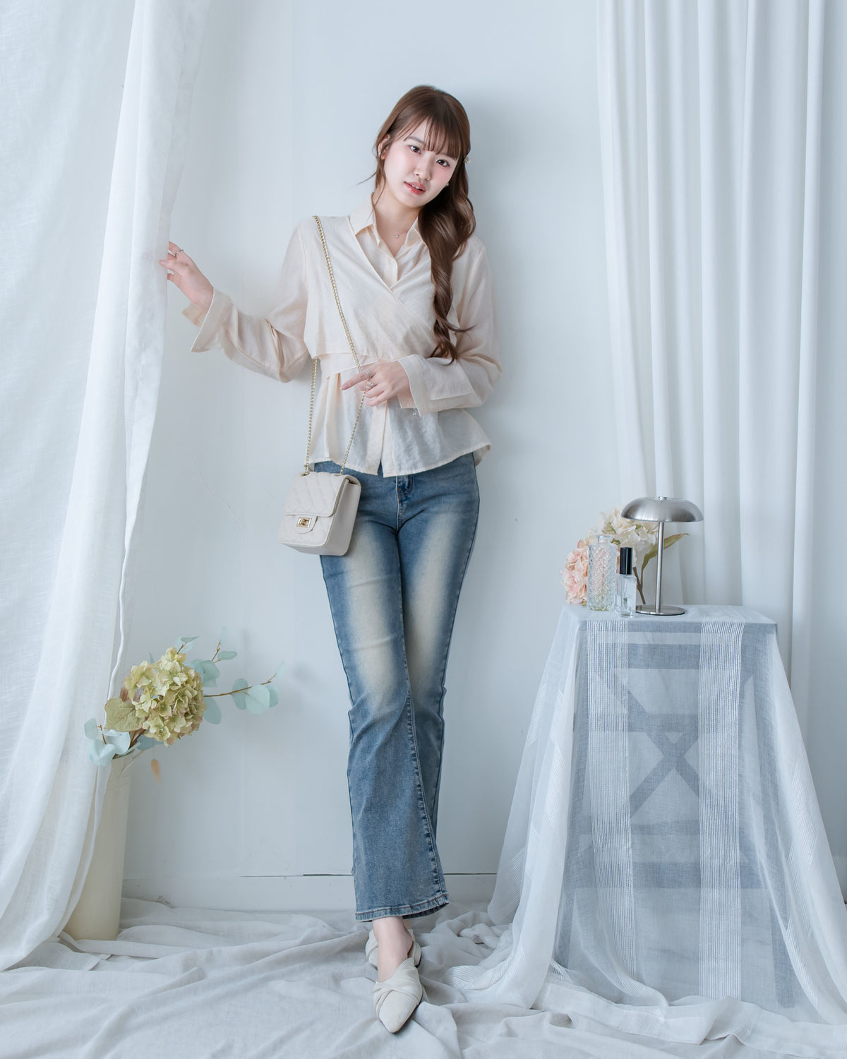 Cross Blouse 三種著法交叉綁帶微光澤長袖襯衫/ TP9245