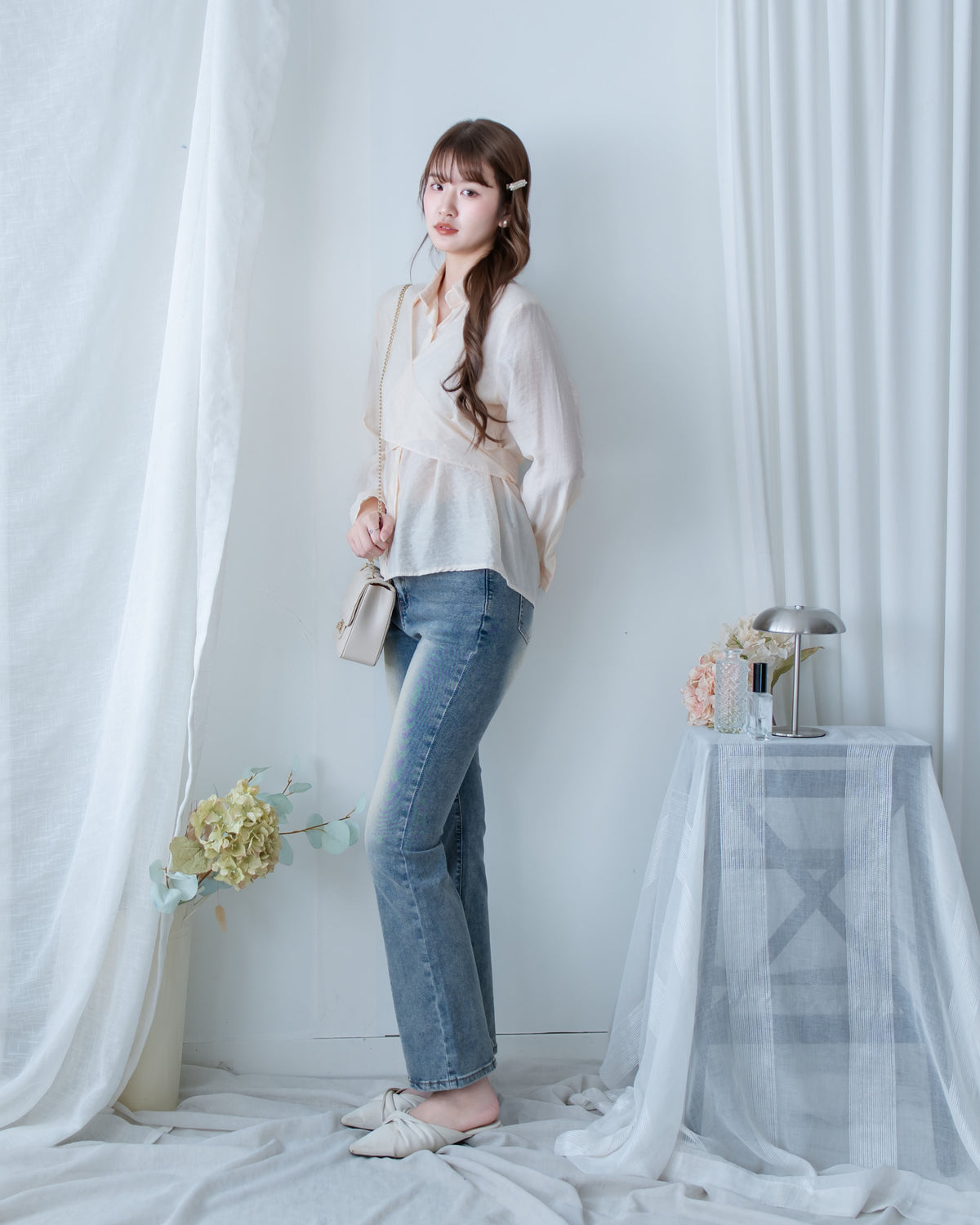 Cross Blouse 三種著法交叉綁帶微光澤長袖襯衫/ TP9245