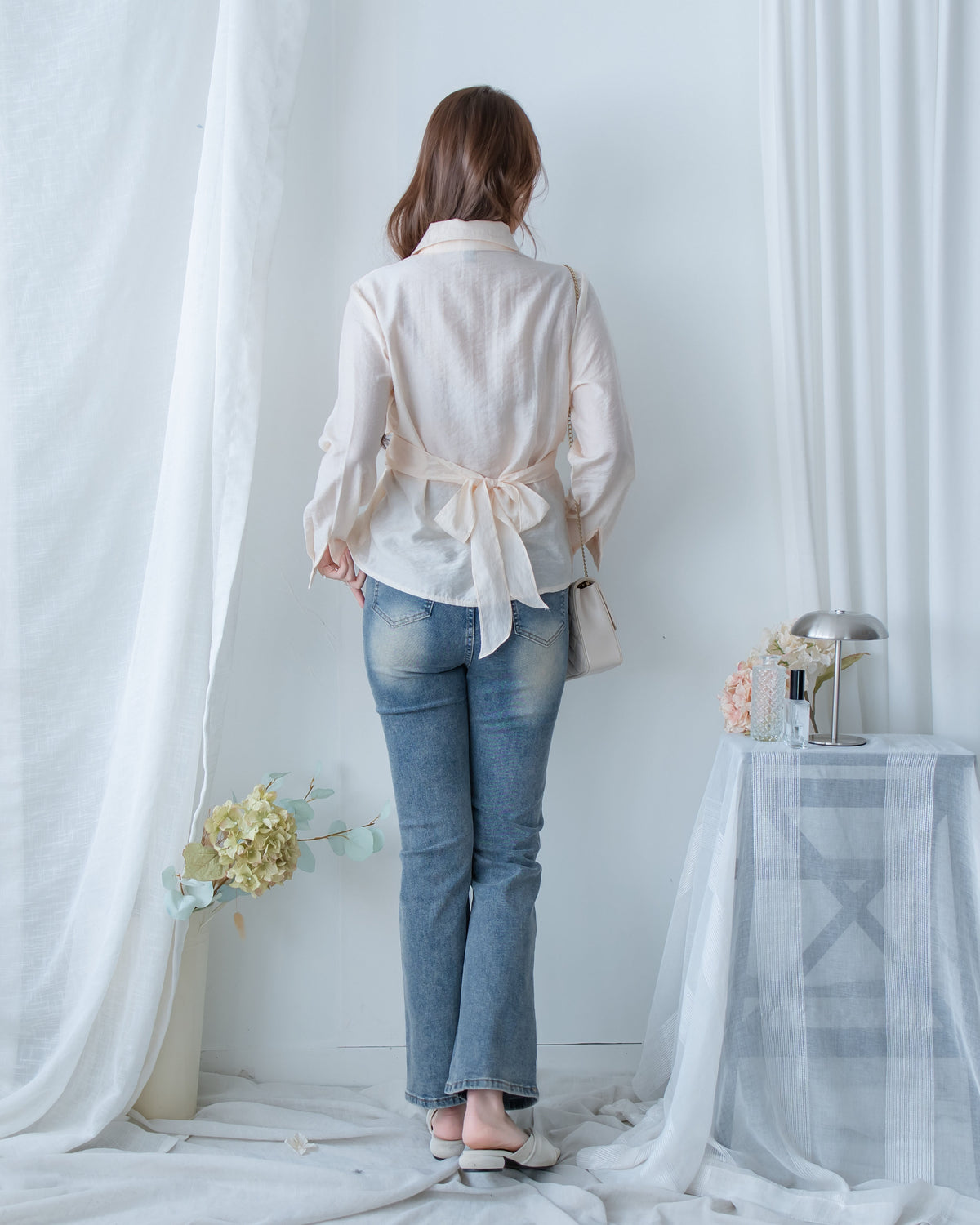 Cross Blouse 三種著法交叉綁帶微光澤長袖襯衫/ TP9245
