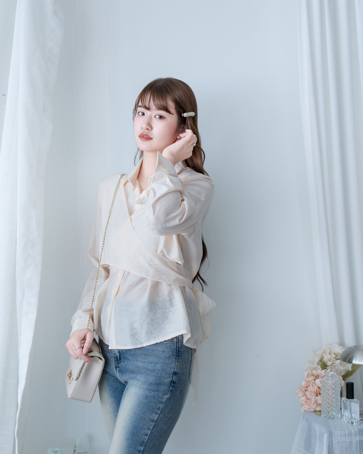 Cross Blouse 三種著法交叉綁帶微光澤長袖襯衫/ TP9245