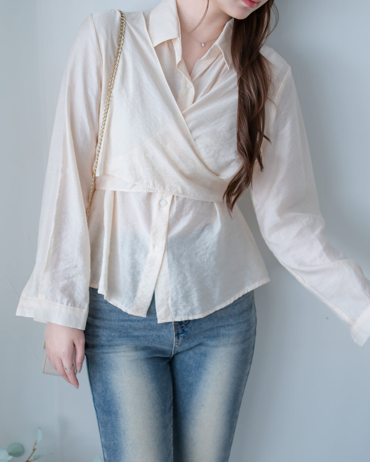 Cross Blouse 三種著法交叉綁帶微光澤長袖襯衫/ TP9245