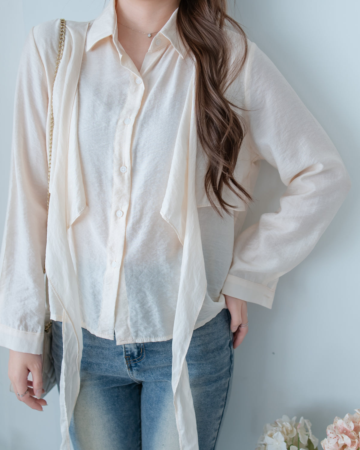 Cross Blouse 三種著法交叉綁帶微光澤長袖襯衫/ TP9245