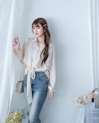 Cross Blouse 三種著法交叉綁帶微光澤長袖襯衫/ TP9245