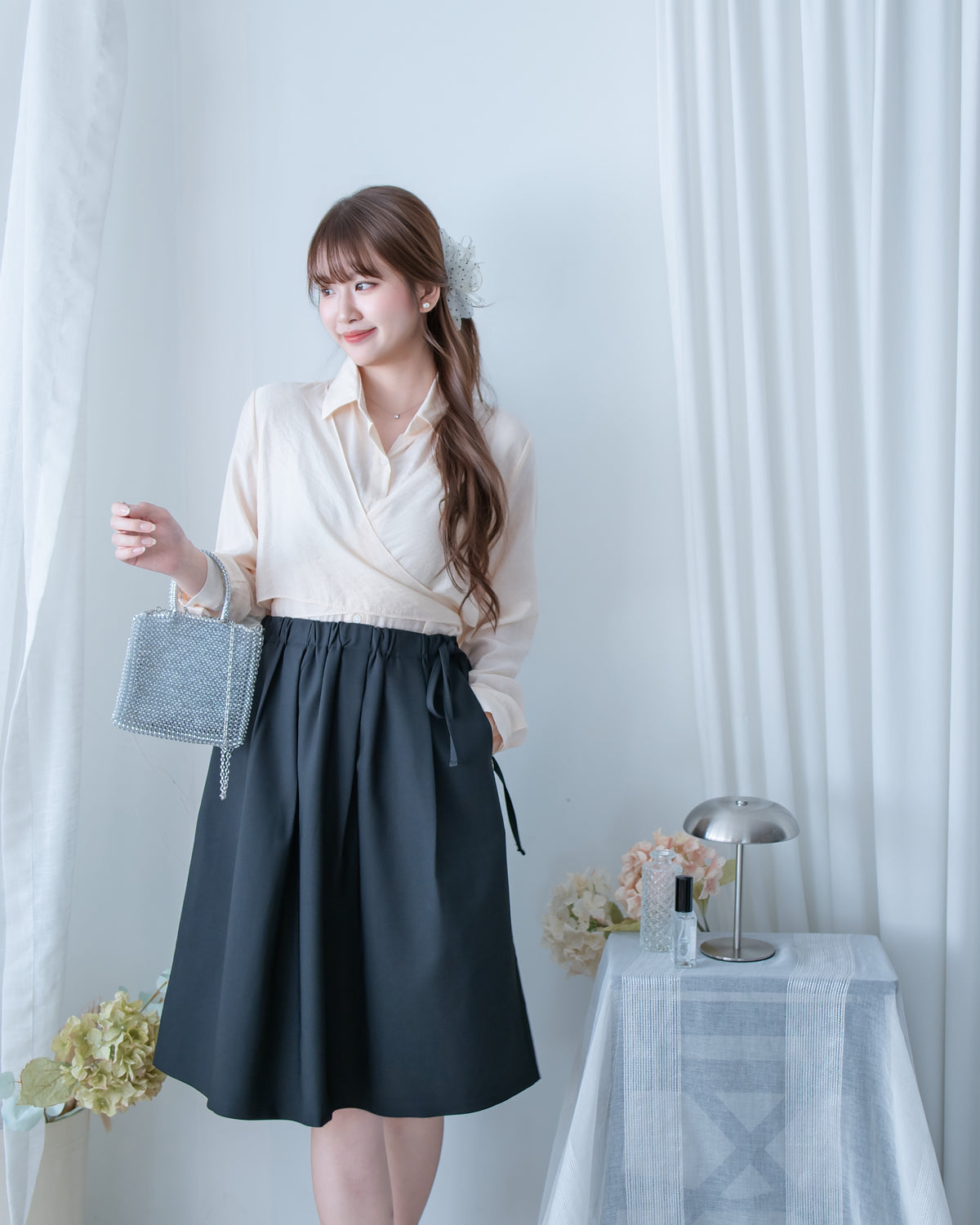 Cross Blouse 三種著法交叉綁帶微光澤長袖襯衫/ TP9245