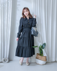 Elegant Dress 金鈕裝飾V領恤衫修腰連身裙/ DS1191