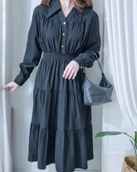 Elegant Dress 金鈕裝飾V領恤衫修腰連身裙/ DS1191