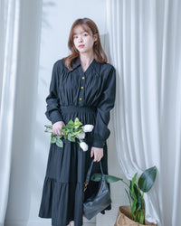 Elegant Dress 金鈕裝飾V領恤衫修腰連身裙/ DS1191