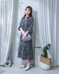Shadow Dress 疊領簡約白色剪影印花修腰連身裙/ DS1203