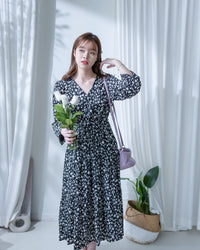 Shadow Dress 疊領簡約白色剪影印花修腰連身裙/ DS1203