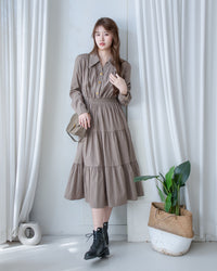 Elegant Dress 金鈕裝飾V領恤衫修腰連身裙/ DS1191