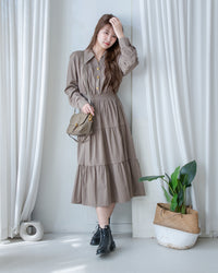 Elegant Dress 金鈕裝飾V領恤衫修腰連身裙/ DS1191