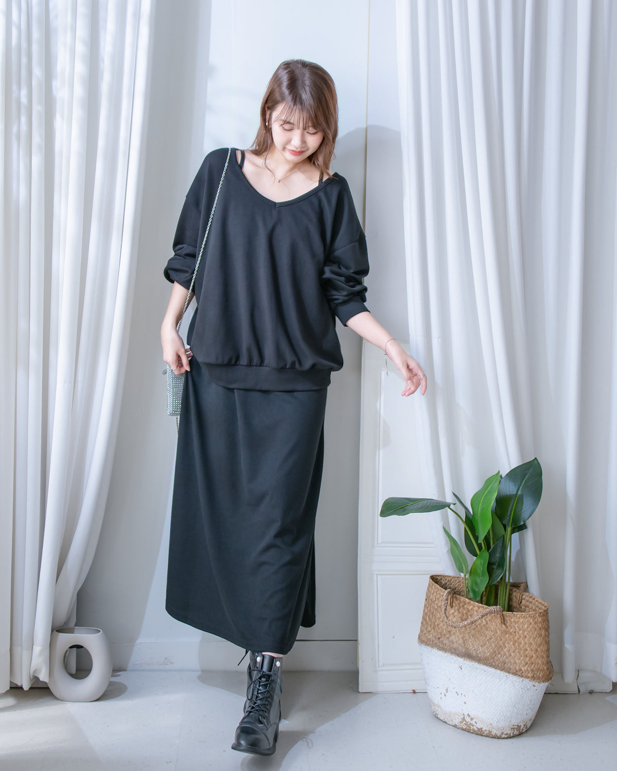 Pullover Dress Set 衛衣彈性吊帶長裙慵懶套裝/ SE8126
