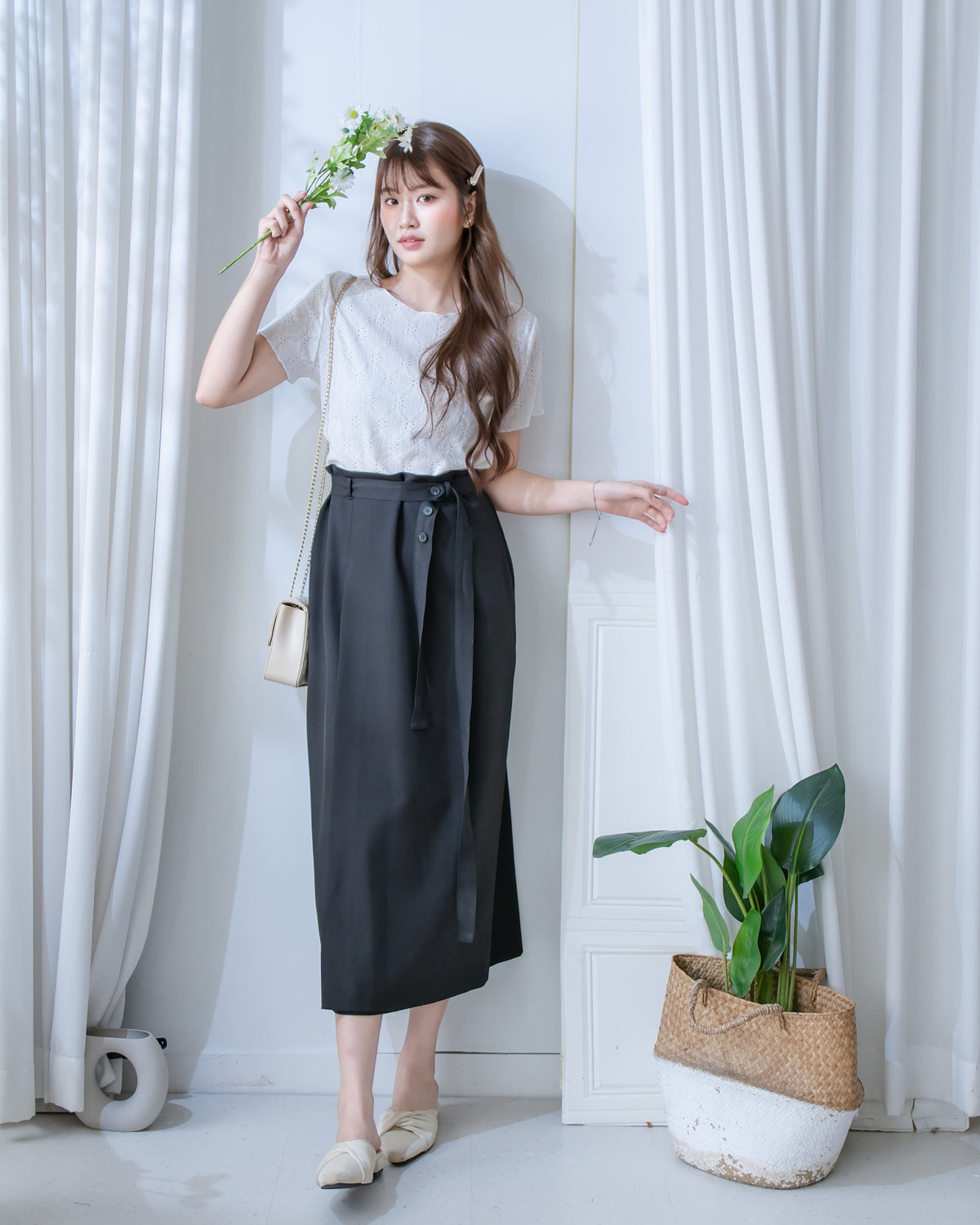 Belt Skirt  腰帶簡潔修腰後開叉直裙/ SK8956